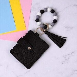 Faux Leather Card Holder Wallet w/ Beaded Keychain Bracelet | ID Holder